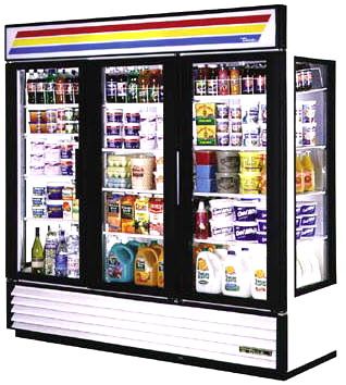 True GEM-72 Refrigerator/Merchandiser, Glass End - 3 Swing Doors - 72 Cu.Ft.; # of Shelves 12, HP 1/2, Amps 12.0., Energy efficient, triple pane, thermal glass (GEM 72 GEM72 TRUGEM72 TRU-GEM72)
