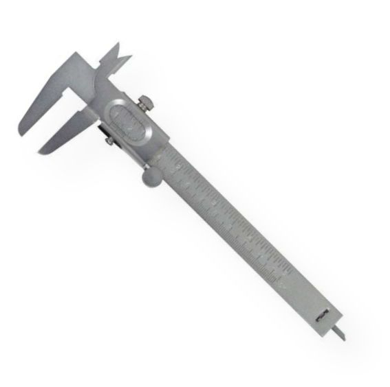 General 722 Metric and English Vernier Caliper; Constructed of steel with inside and outside jaws, a full length depth gauge, lock for repetitive measurement, friction roller adjustment, and slide lock for gauging; Also features inside, outside depth and step measurement; Graduated in mm and 16ths of an inch with vernier reading of .1mm and 1/128