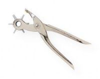 General G72 Revolving Punch Pliers; Spring tension, self-opening tool for punching round holes in leather, plastic, rubber, canvas, cardboard, and similar materials; Made of plated steel with six tapered and hollow, hardened steel punches; Blister-carded; Shipping Weight 0.63 lb; Shipping Dimensions 8.00 x 7.5 x 0.5 in; UPC 038728410399 (GENERALG72 GENERAL-G72 PUNCH) 