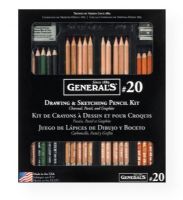 General's 20 Classic Sketching & Drawing Kit; Constructed of the same quality material as the G10 kit, but with 21 drawing tools; PMA approved; Kit includes ten multi-pastel chalk pencils, four charcoal pencils, one charcoal white pencil, one flat sketching pencil, one layout pencil, one Kimberly graphite pencil, and one carbon sketch pencil, a kneaded eraser, and an artist sharpener; UPC 044974205573 (GENERALS20 GENERALS-20 DRAWING SKETCHING) 