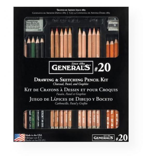 General's 20 Classic Sketching & Drawing Kit; Constructed of the same quality material as the G10 kit, but with 21 drawing tools; PMA approved; Kit includes ten multi-pastel chalk pencils, four charcoal pencils, one charcoal white pencil, one flat sketching pencil, one layout pencil, one Kimberly graphite pencil, and one carbon sketch pencil, a kneaded eraser, and an artist sharpener; UPC 044974205573 (GENERALS20 GENERALS-20 DRAWING SKETCHING)