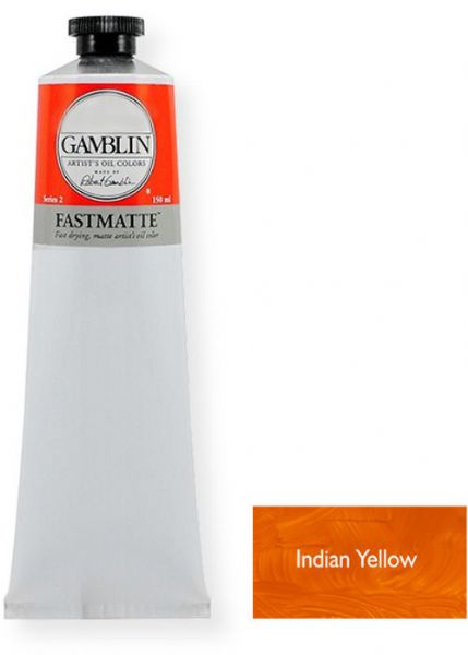 Gamblin GF2350 FastMatte Alkyd Oil Paint, 150 ml Indian Yellow; FastMatte colors give painters a palette of alkyd oil colors; Thin layers will be touch-dry and ready to be painted over in 24 hours; Ideal for underpainting, for plein air, and for any painter whose materials do not keep up with the pace of their painting; UPC 729911223505 (GF-2350 G-F2350 GF2-350 GF23-50 GF235-0 GAMBLIN-GF2350)