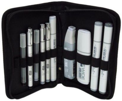 Copic GIPWAL Gray Ink Pro Wallet 10-pc Set, Ultimate gray rendering kit; Ideal for storyboard artists, industrial designers or anyone who likes to make renderings in shades of gray; Ship Weight 0.62 lbs, Ship Dim 7.5 x 5 x 1.5 in, UPC 870538006269, Made in Japan, Harmonized Code 4202.92.9026
