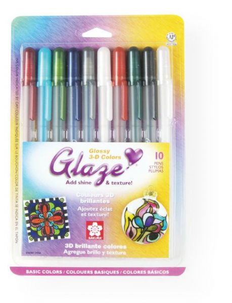 Glaze 38369 3D Glossy Pen 10-Pack; Pen offers 3-D raised lines and glossy lettering; Perfect for rubber-stampers, scrapbookers who want to create a 3-D, raised effect on any nonporous surface; AP non-toxic and water resistant; Set includes 10 pens: Sepia, Turquoise, Black, White, Hunter Green, Royal Blue, Clear, Real Red, Deep Green, Gray; Colors subject to change; Shipping Weight 0.5 lb; Shipping Dimensions 7.65 x 5.25 x 0.5 in; UPC 053482383697 (GLAZE38369 GLAZE-38369 SCRAPBOOKING DRAWING)