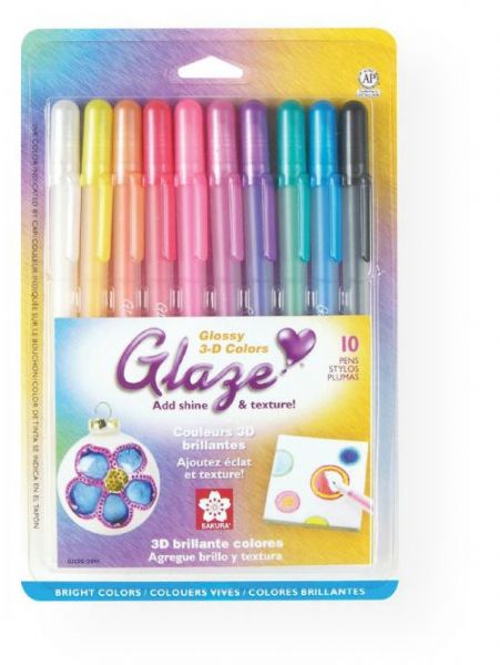 Glaze 38370 3D Glossy Pen 10-Pack; Pen offers 3-D raised lines and glossy lettering; Perfect for rubber-stampers, scrapbookers who want to create a 3-D, raised effect on any nonporous surface; AP non-toxic and water resistant; Set includes 10 pens: Clear, Yellow, Orange, Red, Pink, Rose, Purple, Green, Blue, Black; Colors subject to change; ; Shipping Weight 0.5 lb; Shipping Dimensions 6.00 x 6.00 x 0.5 in; UPC 053482383703 (GLAZE38370 GLAZE-38370 SCRAPBOOKING DRAWING)