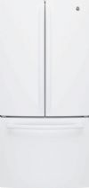 General Electric GNE25JGKWW French-Door Refrigerator; 33" wide; Internal water dispenser uses MWF replacement filter – Delivers filtered water with one touch; LED lighting – Find exactly what you’ve been looking for under crisp, clear lighting; Factory-installed icemaker – Refrigerator comes ready to automatically create ice; 2 humidity-controlled drawers and 1 full-width adjustable-temperature drawer; Quick Space shelf – Quickly slides out of the way to make room for tall items; UPC 08469181414 