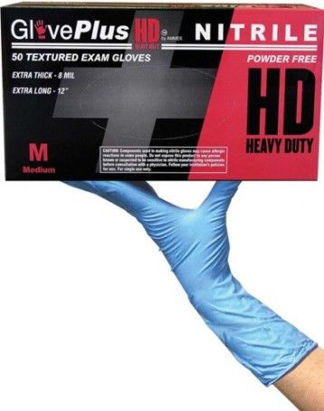 GlovePlus GPNHD64100 Medium HD Heavy Duty Powder Free Textured Nitrile Gloves, Blue, Beaded Cuff, 3X The Puncture Resistance Of Latex Or Vinyl, Superb Tensile Strength, Extra Thick And Extra Long, Also protect the wrists and lower forearms, 50 gloves per box, 90 +/- 10 mm Width, 300 +/- 10 mm Length, UPC 697383403629 (GPNHD-64100 GPNHD 64100 GPN-HD64100 GPN HD64100)