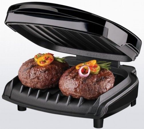 George Foreman GR10B The Champ Grill, UPC 082846033732, 36 Sq. In.cooks up to 2 servings, Patented sloped design for healthier cooking, Double nonstick coating provides added durability, Signature Foreman heating elements for even heat & faster temperature recovery, Preheat indicator light for added convenience (GR-10B GR 10B GR10 Salton Applica)
