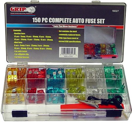 GRIP On Tools 16027 Complete Auto Fuse Set (150 Piece), Contains the most commonly replaced fuses in cars, light trucks, SUVs, ATVs and more; Chip type fuses meet or exceed OEM specifications; UPC 097257160274 (GRIP16027 GRIP-16027 16-027 160-27)