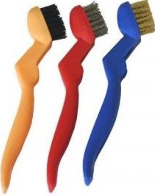 GRIP On Tools 27173 Three-Piece Mini Wire Brush Set, Use for intricate cleaning of grills, small parts, bolt threads, electronics, grout lines and more; Brushes remove dirt, grime, rust, scale, and paint; Angled and contoured plastic handle provides a secure hold during use, UPC 097257271734 (GRIP27173 GRIP-27173 27-173 271-73) 