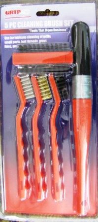 GRIP On Tools 27178 Five Piece Cleaning Brush Set, Use for intricate cleaning of grills, small parts, bolt threads, grout lines, engines and more, Includes 1 stainless steel bristle brush, 1 brass bristle brush, 1 nylon bristle brush, 1 double sided fiber nail brush and 1 11