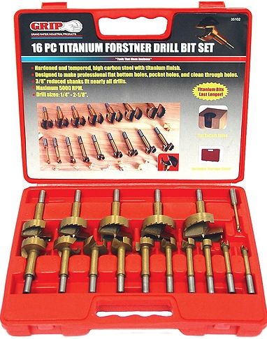 GRIP On Tools 35102 Sixteen Piece Titanium Forstner Drill Bit Set, Designed To Make Flat Bottom Holes, Pocket Holes, And Clean Through Holes, Hardened And Tempered Titanium Coated High Carbon Steel Construction, 3/8