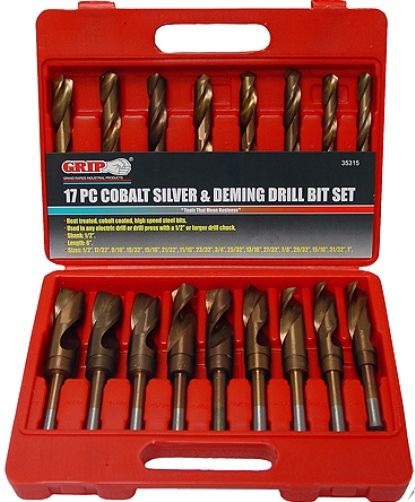 GRIP On Tools 35315 Seventeen Piece Cobalt Silver/Deming Drill Bit Set, Extra large and stubby bits is for use in drilling wood, metal, and more; Heat treated, high speed steel bits with cobalt coating; Can be used in any 1/2-inch chuck electric drill or drill press; 1/2-inch shank, 6-inch length; UPC 097257353157 (GRIP35315 GRIP-35315 35-315 353-15) 