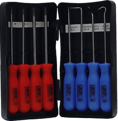 GRIP On Tools 46097 Eight Piece Mini Pick & Driver Set; Heat treated, chrome plated, chrome vandium steel Shafts with magnetic tips; Includes Straight pick, 90 degree hook, full hook, offset 45 degree hook, 1/8 flathead screwdriver and #0 Phillips screwdriver in plastic storage case; UPC 097257460978 (GRIP46097 GRIP-46097 46-097 460-97) 