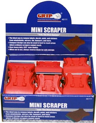 GRIP On Tools 46111 Mini Scraper, Ideal way to remove labels, decals, paint and stickers from windshields mirrors, tile, bumpers and more; Compact design can also be used in hard to reach areas where ordinary scrapers cannot reach, UPC 097257461111 (GRIP46111 GRIP-46111 46-111 461-11) 