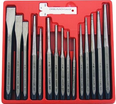 GRIP On Tools 61116 Sixteen Piece Prof Punch & Chisel Set; Professional quality punches and chisels for all types of applications, Drop forged, heat treated chrome vanadium steel, Includes 3 flat chisels, 2 center punches, 5 starter punches, 5 pin punches, 1 chisel punch gauge and heavy duty storage pouch; UPC 097257611165 (GRIP61116 GRIP-61116 61-116 611-16)