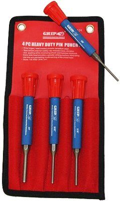 GRIP On Tools 61124 Four Piece Heavy Duty Pin Punch Set; Extra-wide head provides larger striking surface, preventing mis-hits and mushrooming; Polymer safety cap reduces noise, vibration and spalling, while minimizing shock and hammer kickback; Drop forged, heat-treated chrome vanadium steel; Includes 1/8