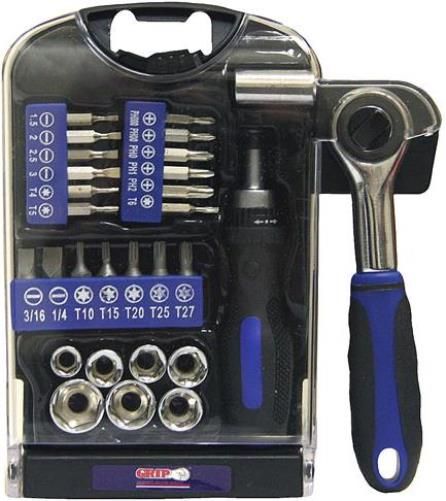 GRIP On Tools 62409 Twenty-nine Piece Mini Socket and Precision Set; Perfect for furniture assembly, computers, video game systems, or for working on odd jobs around the house; Drop-forged, heat-treated, chrome vanadium steel bits and chrome plated sockets offer maximum longevity; UPC 097257624097 (GRIP62409 GRIP-62409 62-409 624-09) 