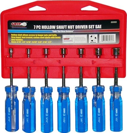 GRIP On Tools 69060 Seven Piece Hollow Shaft Nut Driver SAE; Excellent for reaching longer nuts and bolts; Extremely durable for difficult jobs; Overall length of 7; Drop forged, heat treated, carbon steel shafts with heavy-duty handles; Includes 3/16, , 5/16, 11/32, 3/8, 7/16 and 1/2; UPC 097257690603 (GRIP69060 GRIP-69060 69-060 690-60) 