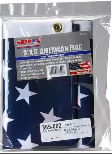 GRIP On Tools 78300 American Flag 3 x 5; Add decorative design while showing your American spirit; Lightweight, but durable poly cotton material that flies even in the slightest of breezes; Bright fade resistant colors with rust-proof brass grommets ensure solid flag pole connection; UPC 097257783008 (GRIP78300 GRIP-78300 78-300 783-00) 
