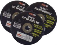 GRIP On Tools 86030 Ten Piece 3" Metal Cut-Off Wheel Set; 3-Inch x 1/16" Cut Off Wheels; Aluminum oxide cutting wheels cut through steel rods, sheet metal, and muffler clamps; Fits most air cut off tools; General purpose medium/coarse wheel is formulated for fast, high quality dry cutting 40/60 dual grit 20000 max. RPM; UPC 097257860303 (GRIP86030 GRIP-86030 86-030 860-30)   