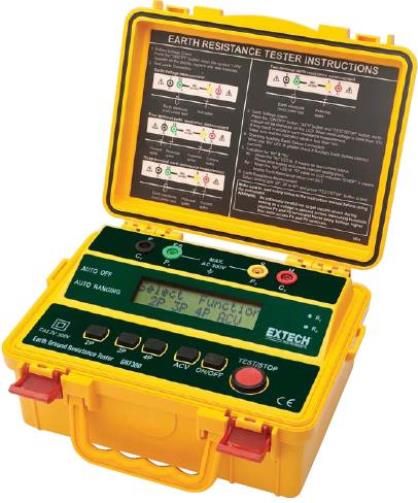Extech GRT300 Four-Wire Earth Ground Resistance Tester Kit; 4-wire, 3-wire, and 2-wire testing; Large dual line LCD; Automatic I (current) and P (potential) spike check; Test Hold function for easy operation; Autoranging; Automatic Zero adjustment; Data Hold and Auto Power off; AC Earth Voltage; Overrange and low battery indication; UPC: 793950383018 (EXTECHGRT300 EXTECH GRT300 RESISTANCE TESTER)