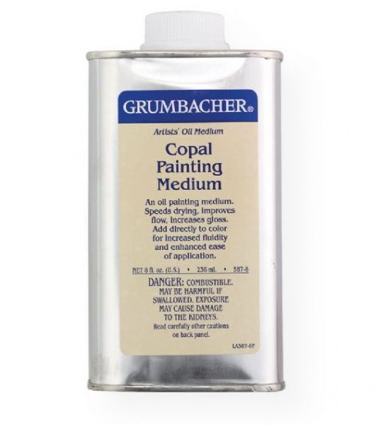 Grumbacher 5878 Copal Painting Medium 236ml; A resinous painting medium for glazing and wet-in-wet techniques, made from highest grade synthetic alkyd resin, stand oil, and Grumtine; Facilitates thin fluid passages, as well as heavy impasto; Shipping Weight 1.00 lb; Shipping Dimensions 2.50 x 2.50 x 5.25 inches; UPC 014173356536 (GRUMBACHER5878 GRUMBACHER-5878 PAINTING)