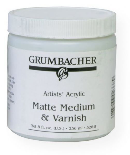 Grumbacher GB5288 Matte Medium and Varnish for Acrylics; Mix with acrylic paint for smoother brush strokes; Has a matte finish; This medium thins with water and can also be used as a final varnish, for glazing, or as glue for paper; Dries clear, is flexible and water resistant when dry; 236ml/8 oz; Shipping Weight 1.00 lb; Shipping Dimensions 2.88 x 2.88 x 3.19 in; UPC 014173355942 (GRUMBACHERGB5288 GRUMBACHER-GB5288 PAINTING)