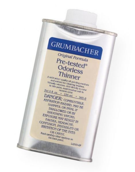 Grumbacher GB5658 Pre-Tested Odorless Paint Thinner 8 oz; Crystal clear, organic solvent for thinning oil colors, cleaning brushes, and painting accessories; Shipping Weight 1.00 lb; Shipping Dimensions 2.75 x 1.5 x 5.5 in; UPC 014173356307 (GRUMBACHERGB5658 GRUMBACHER-GB5658 PRE-TESTED-GB5658 PAINTING)