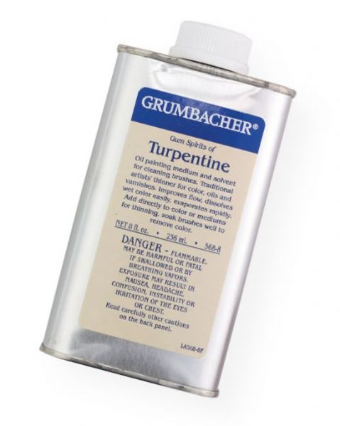 Grumbacher GB5688 Turpentine 8 oz; Pure spirits of gum turpentine for use with linseed or other oils as a medium for artists' oil colors; For thinning certain varnishes and for cleaning equipment; Shipping Weight 1.00 lb; Shipping Dimensions 2.75 x 1.5 x 5.5 in; UPC 014173356352 (GRUMBACHERGB5688 GRUMBACHER-GB5688 PAINTING)