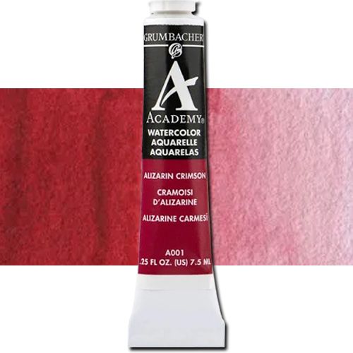 Grumbacher GBA001B Academy, Watercolor Paint, 7.5ml, Alizarin Crimson; Only finely ground pigments are used in making this smooth, rich paint; Strokes and washes are vibrant and luminescent, either straight from the tube or when mixed with white; 7.5ml tube, sold individually; Lightfastness rating: I=excellent; Dimensions 3.5