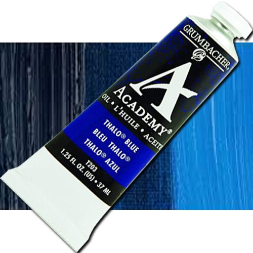 Grumbacher Academy GBT203B Oil Paint, 37 ml, Phthalo Blue; Quality oil paint produced in the tradition of the old masters; The wide range of rich, vibrant colors has been popular with artists for generations; 37ml tube; Transparency rating: ST=semitransparent; Dimensions 3.25
