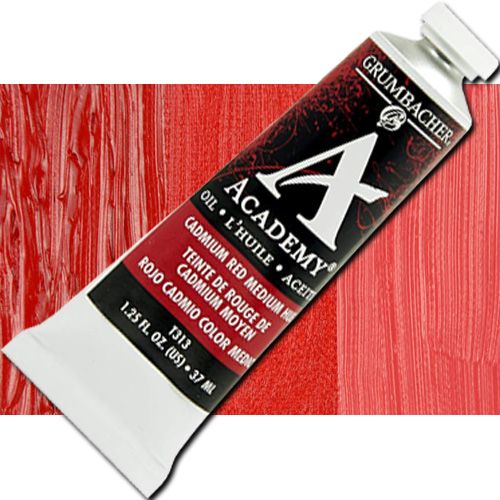 Grumbacher Academy GBT313B Oil Paint, 37 ml, Cadmium Red Medium Hue; Quality oil paint produced in the tradition of the old masters; The wide range of rich, vibrant colors has been popular with artists for generations; 37ml tube; Transparency rating: O=opaque; Dimensions 3.25