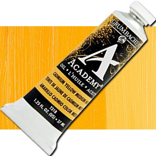 Grumbacher Academy GBT318B Oil Paint, 37 ml, Cadmium Yellow Medium Hue; Quality oil paint produced in the tradition of the old masters; The wide range of rich, vibrant colors has been popular with artists for generations; 37ml tube; Transparency rating: O=opaque; Dimensions 3.25