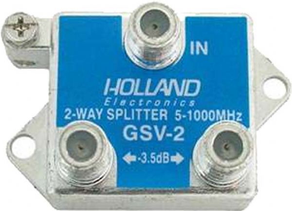 Holland Electronics GSV-2 Vertical Splitter 5-1000 Mhz. 2-Way, With Ground, 45 dB port-to-port isolation, 35 dB output return loss, Low intermodulation design, Double-Thick Plating, Enhanced Sub Band Performance, Capacitor Decoupled, 6 kV Survivability, 100% soldered backplate, Flat End F-ports, Weight 0.1 Lbs, UPC HOLLANDELECTRONICGSV2 (HOLLANDELECTRONICGSV2 HOLLAND ELECTRONIC GSV2 GSV 2 HOLLAND-ELECTRONIC-GSV2 GSV-2)