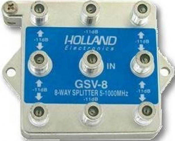 Holland Electronics GSV-8 Vertical Splitter 5-1000 Mhz. 8-Way, With Ground, 45 dB port-to-port isolation, 35 dB output return loss, Low intermodulation design, Double-Thick Plating, Enhanced Sub Band Performance, Capacitor Decoupled, 6 kV Survivability, 100% soldered backplate, Flat End F-ports, Weight 0.1 Lbs, UPC HOLLANDELECTRONICGSV8 (HOLLANDELECTRONICGSV8 HOLLAND ELECTRONIC GSV8 GSV 8 HOLLAND-ELECTRONIC-GSV8 GSV-8)