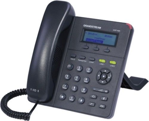 Grandstream GXP1405 Basic Small-Business HP IP Phone, 128x40 pixel graphical LCD display, 2 line keys with dual-color LED (2 SIP account and up to 2 call appearances), 3 XML programmable context-sensitive soft keys, 3-way conference, HD wideband handset, hands-free speakerphone with advanced acoustic echo cancellation (GXP-1405 GXP 1405 GX-P1405)