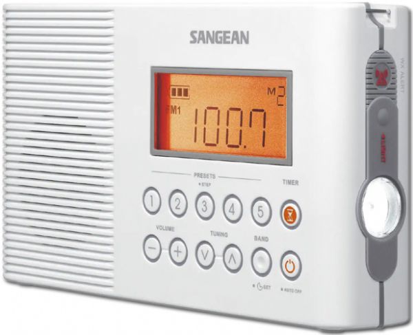 Sangean H-201 Portable AM/FM/Weather Alert, Digital Tuning, Waterproof Shower Radio; 20 memory preset stations (10 FM, 5 AM and 5 WX); Public alert certified weather radio; Receives all 7 NOAA weather channel and reports; Waterproof up to JIS7 standard; Water-resistant 2W speaker; Emergency LED illumination (Torch); Emergency buzzer; Large and easy to read LCD display; Battery power indicator; UPC 729288029212 (SANGEANH201 SANGEAN H201 H201 H-201)