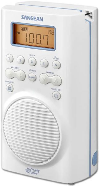 Sangean H205 AM/FM Weather Alert Waterproof Shower Radio, White; 20 memory preset stations (10 FM, 5 AM and 5 WX); Public alert certified weather radio; Receives all 7 NOAA weather channel and reports; Waterproof up to JIS7 standard; Water-resistant 2 watts speaker; Emergency buzzer; Large and easy to read LCD display; Battery power indicator; Auto seek station; UPC 729288029359 (SANGEANH205 SANGEAN H205 SANGEAN-H205 H 205 H-205)
