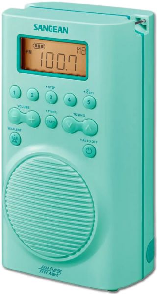 Sangean H205TQ AM/FM Weather Alert, Waterproof Shower Radio, Turquoise; 20 memory preset Stations (10 FM, 5 AM and 5 WX); Public alert certified weather radio; Receives all 7 NOAA weather channel and reports; Waterproof up to JIS7 standard; Water-resistant 2 watts speaker; Emergency buzzer; Large and easy to read LCD display; Battery power indicator; Auto seek station; Clock; UPC 729288029502 (SANGEANH205TQ SANGEAN H205TQ SANGEAN-H205TQ H 205TQ H-205TQ)