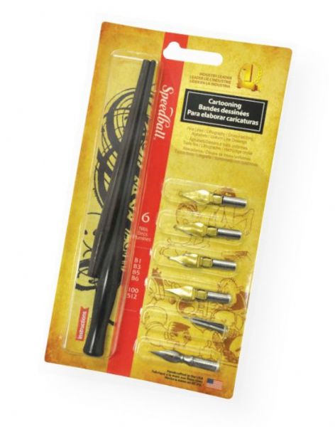 Speedball H2966 Cartooning Pen Set; Contains two holders and four B-style and 2 fine artist pens for delicate fine lines, lithography, cross-hatching, alphabets, and uniform line drawings; Shipping Weight 0.05 lb; Shipping Dimensions 7.62 x 4.5 x 0.5 in; UPC 651032029660 (SPEEDBALLH2966 SPEEDBALL-H2966 CALLIGRAPHY)