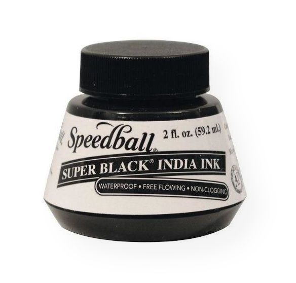 Speedball H3338 Super Black 2 oz India Ink; Free-flowing, non-clogging, waterproof ink; Easily applied by brush, pen, steel brush, or airbrush; Non-toxic; 2 oz jar; Shipping Weight 0.16 lb; Shipping Dimensions 2.00 x 2.00 x 0.5 in; UPC 651032033384 (SPEEDBALLH3338 SPEEDBALL-H3338 SUPER-BLACK-H3338 ARTWORK CRAFTS)