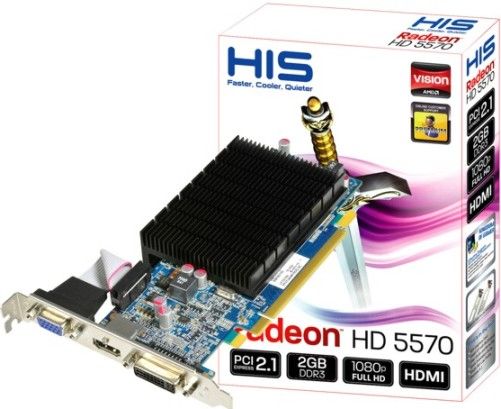 HIS Hightech Information Systems H557HO2G Radeon HD 5570 2GB (128bit) DDR3 HDMI Dual Link DVI (HDCP) VGA PCIe 2.1 Low Profile (RoHS) Graphics Card, Engine Clock 650Mhz, Memory Clock 1000MHz, Max. Resolution 2560x1600, 40nm Process Technology, Compliant with DirectX 11 and earlier revisions, EAN 4895139004885 (H557-HO2G H557 HO2G H557HO-2G H557HO 2G)