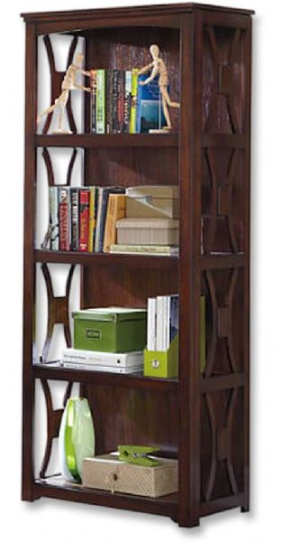  Ashley H619-17 Devrik Series Bookcase, Made with Mindi veneers and hardwood solids, Medium brown finish, Back of units are stained, Dimensions 31.00