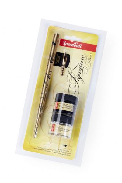 Speedball H94157 Pen Holder, Nib, Ink & Pen Cleaner Set; Set offers a beautiful gold and black marbled pen holder, gold plated 513EF pen nib, and 12ml black ink that is archival, acid-free, waterproof, and non-toxic; Also comes with pen cleaner; Shipping Weight 0.02 lb; Shipping Dimensions 3.88 x 3.25 x 9.12 in; UPC 651032941573 (SPEEDBALLH94157 SPEEDBALL-H94157 H94157 ARTWORK)