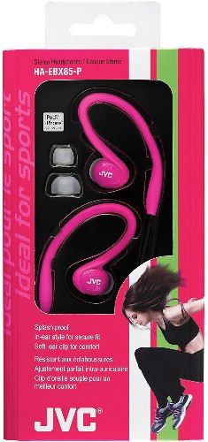 JVC HA-EBX85-P Sports In-Ear Clip Stereo Headphones, Pink, 200mW (IEC) Max. Input Capability, Frequency Response 10-23000Hz, Nominal Impedance 16ohms, Sensitivity 102dB/1mW, Splash-proof - ideal for exercise and fitness activities, Secure-fit canal headphones with soft rubber ear hook and cushion, Powerful 0.43