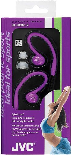 JVC HA-EBX85-V Sports In-Ear Clip Stereo Headphones, Violet, 200mW (IEC) Max. Input Capability, Frequency Response 10-23000Hz, Nominal Impedance 16ohms, Sensitivity 102dB/1mW, Splash-proof - ideal for exercise and fitness activities, Secure-fit canal headphones with soft rubber ear hook and cushion, Powerful 0.43