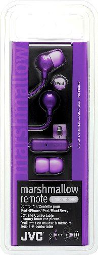 JVC HA-FR36-V Marshmallow Remote + Microphone Headphones, Violet; Designed for use with the iPod, iPhone, iPad and BlackBerry; 200mW (IEC) Max. Input Capability; Frequency Response 8-20000Hz; Nominal Impedance 16ohms; Sensitivity 103dB/1mW; Superior sound isolation from background noise with memory foam earpieces; UPC 046838047947 (HAFR36V HAFR36-V HA-FR36V HA-FR36)