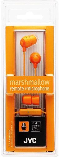JVC HA-FR37-D Marshmallow In-Ear Headphones with Microphone & Remote, Orange, 200mW (IEC) Max. Input Capability, Frequency Response 8-20000Hz, Nominal Impedance 16 ohms, Sensitivity 98dB/1mW, Colorful headphones with hands-free operation (1-button remote control & mic), Powerful 11mm neodymium driver unit, UPC 046838068850 (HAFR37D HAFR37-D HA-FR37D HA-FR37)
