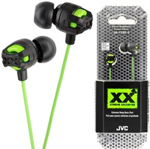JVC HA-FX101-G Xtreme Xplosive Series Inner-Ear Stereo Headphones, Green, 200mW( IEC) Max. Input Capability, Frequency Response 5-20000Hz, Nominal Impedance 16 ohms, Sensitivity 101dB/1mW, Extreme Deep Bass Ports and 8.5mm neodymium driver units deliver ultimate bass sound, Rubber protectors for body durability, UPC 046838049798 (HAFX101G HAFX101-G HA-FX101G HA-FX101)